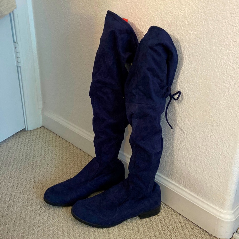 Blue suede over the knee boots